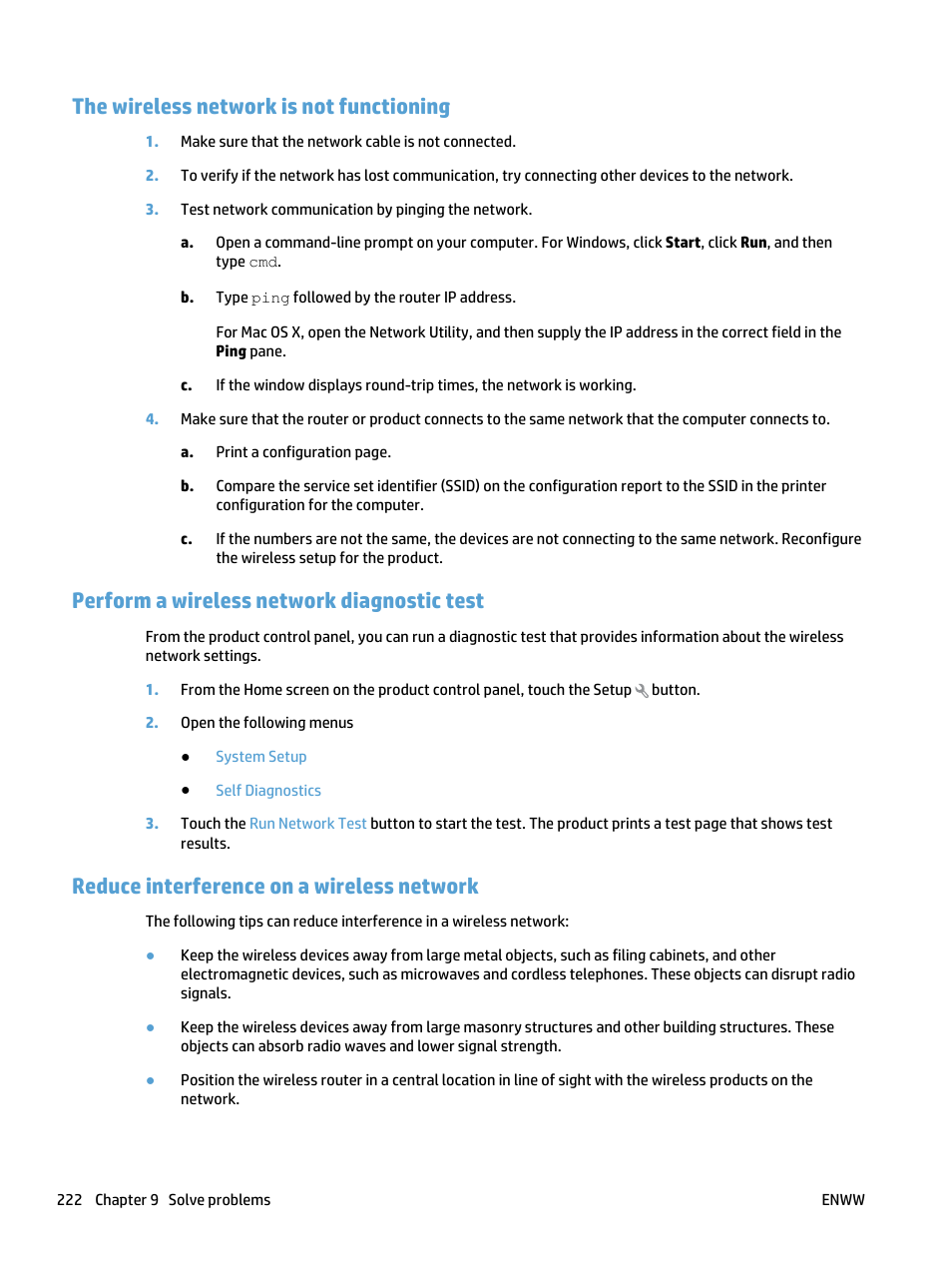 The wireless network is not functioning, Perform a wireless network diagnostic test, Reduce interference on a wireless network | HP LaserJet Pro 500 Color MFP M570 User Manual | Page 236 / 252