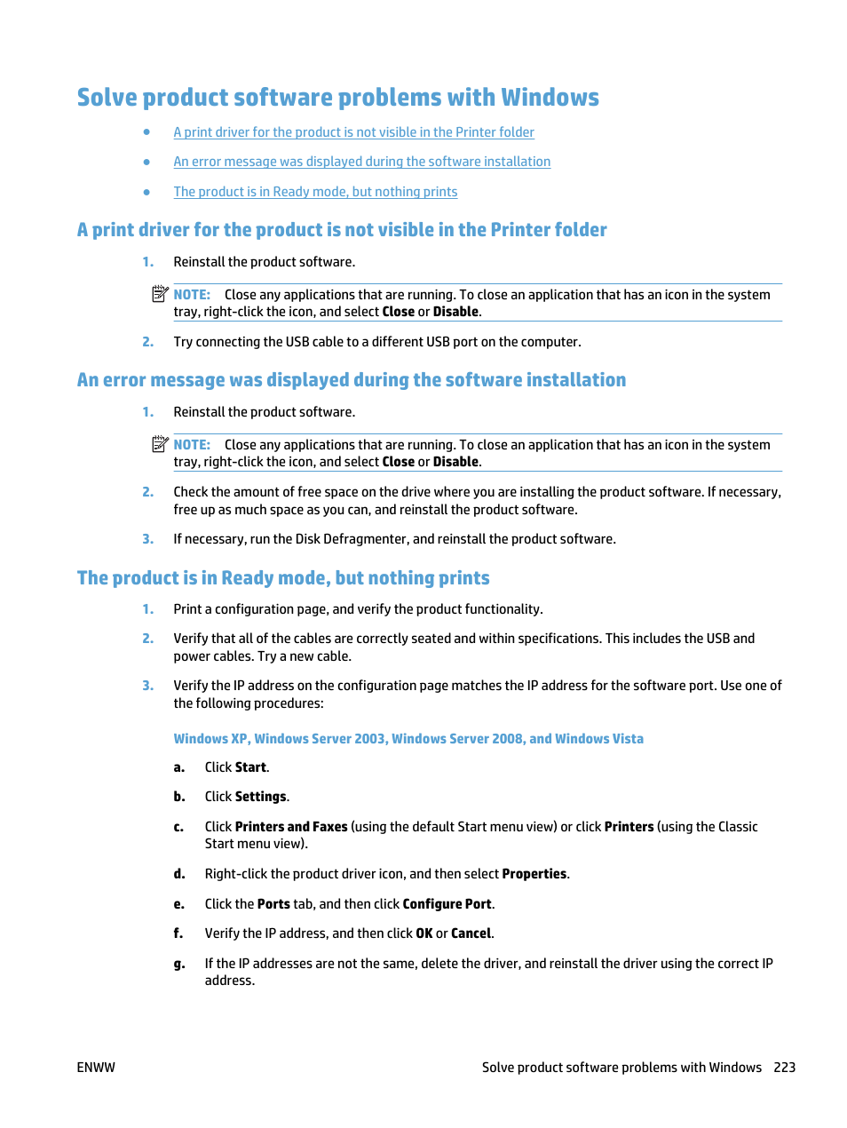 Solve product software problems with windows, The product is in ready mode, but nothing prints | HP LaserJet Pro 500 Color MFP M570 User Manual | Page 237 / 252