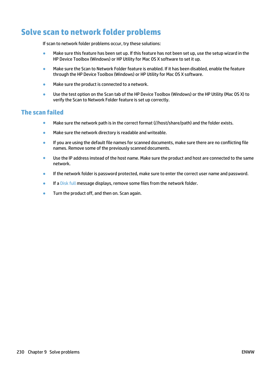 Solve scan to network folder problems, The scan failed | HP LaserJet Pro 500 Color MFP M570 User Manual | Page 244 / 252