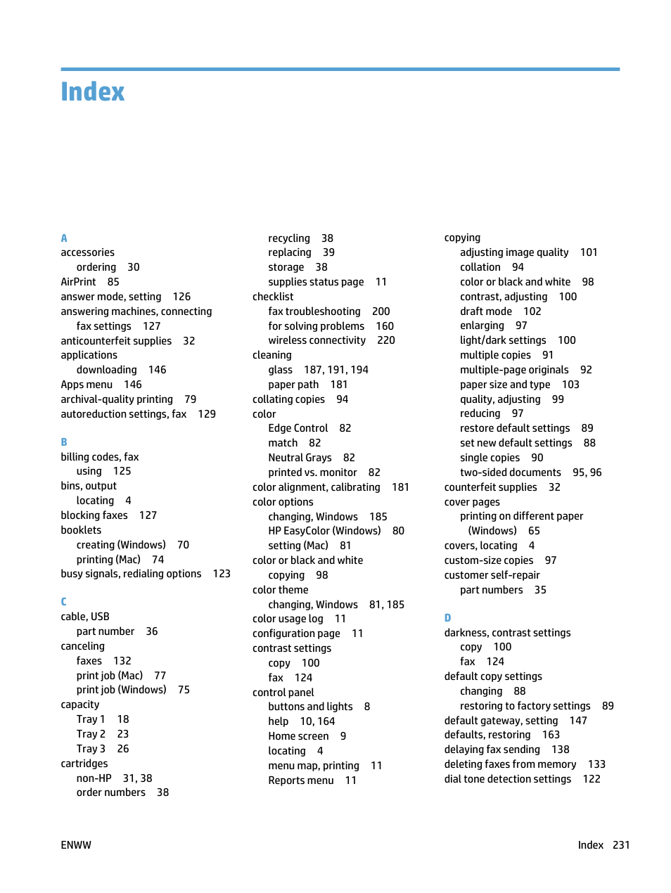 Index | HP LaserJet Pro 500 Color MFP M570 User Manual | Page 245 / 252