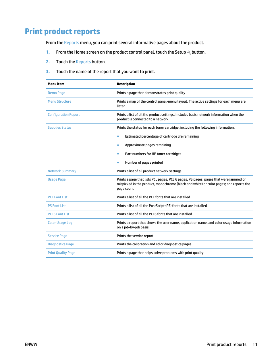 Print product reports | HP LaserJet Pro 500 Color MFP M570 User Manual | Page 25 / 252