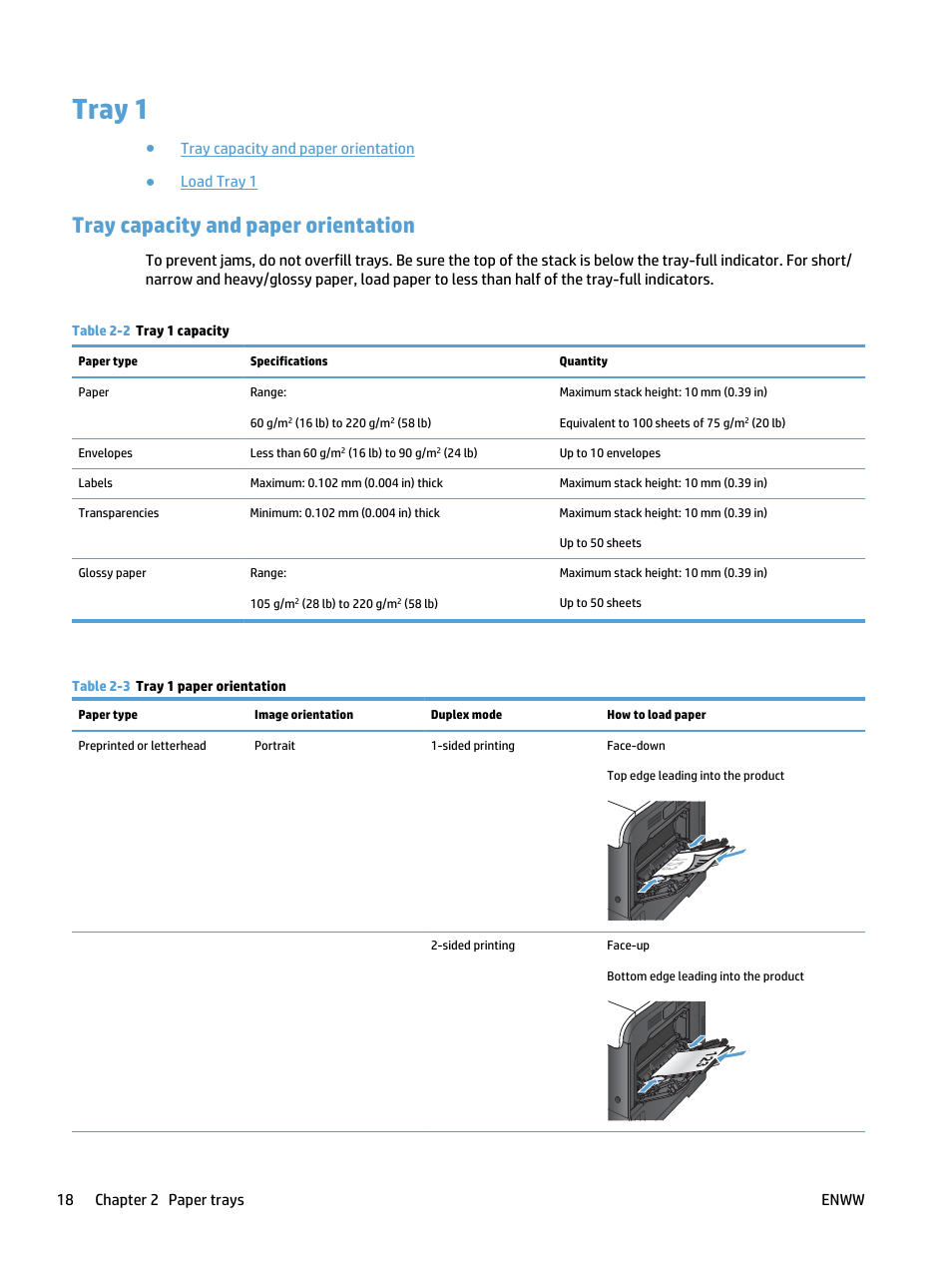 Tray 1, Tray capacity and paper orientation | HP LaserJet Pro 500 Color MFP M570 User Manual | Page 32 / 252