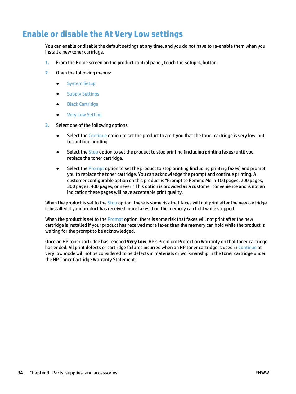 Enable or disable the at very low settings | HP LaserJet Pro 500 Color MFP M570 User Manual | Page 48 / 252