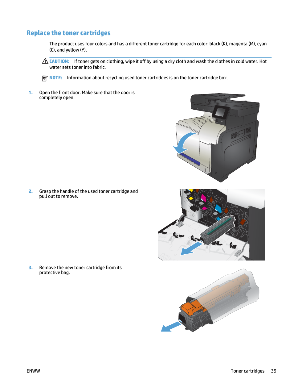 Replace the toner cartridges | HP LaserJet Pro 500 Color MFP M570 User Manual | Page 53 / 252