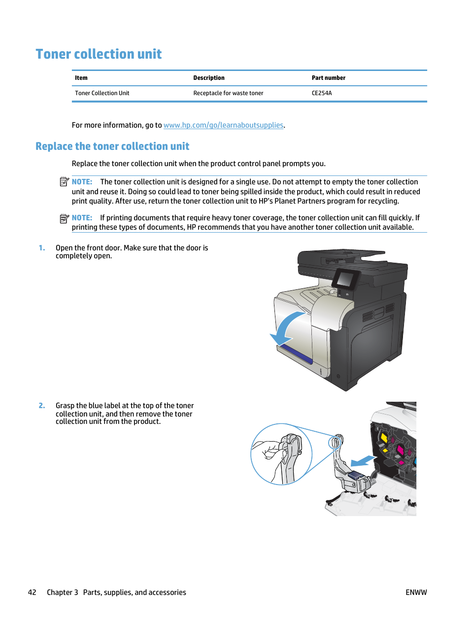 Toner collection unit, Replace the toner collection unit | HP LaserJet Pro 500 Color MFP M570 User Manual | Page 56 / 252