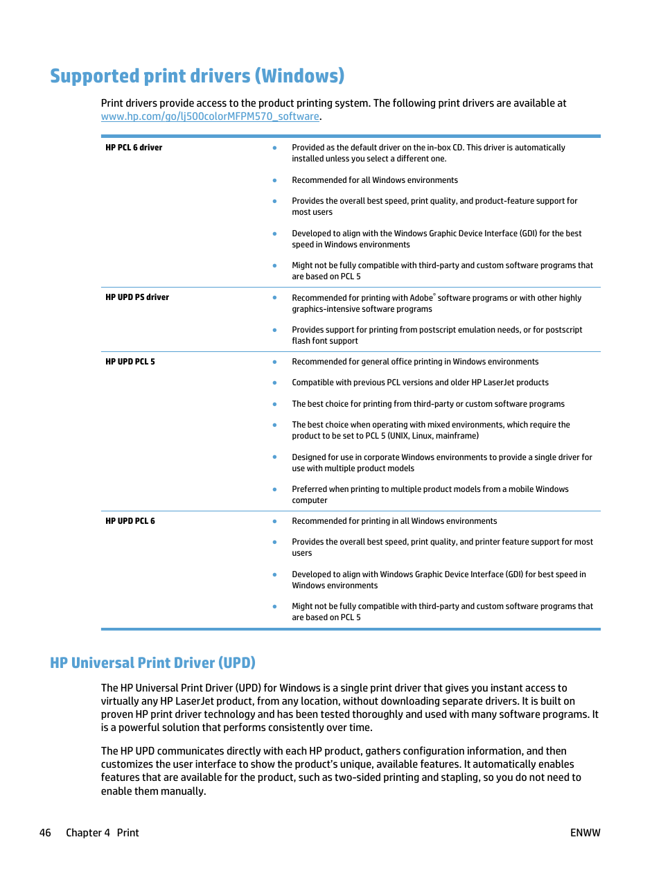 Supported print drivers (windows), Hp universal print driver (upd) | HP LaserJet Pro 500 Color MFP M570 User Manual | Page 60 / 252