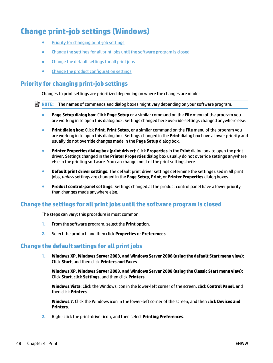 Change print-job settings (windows), Priority for changing print-job settings, Change the default settings for all print jobs | HP LaserJet Pro 500 Color MFP M570 User Manual | Page 62 / 252