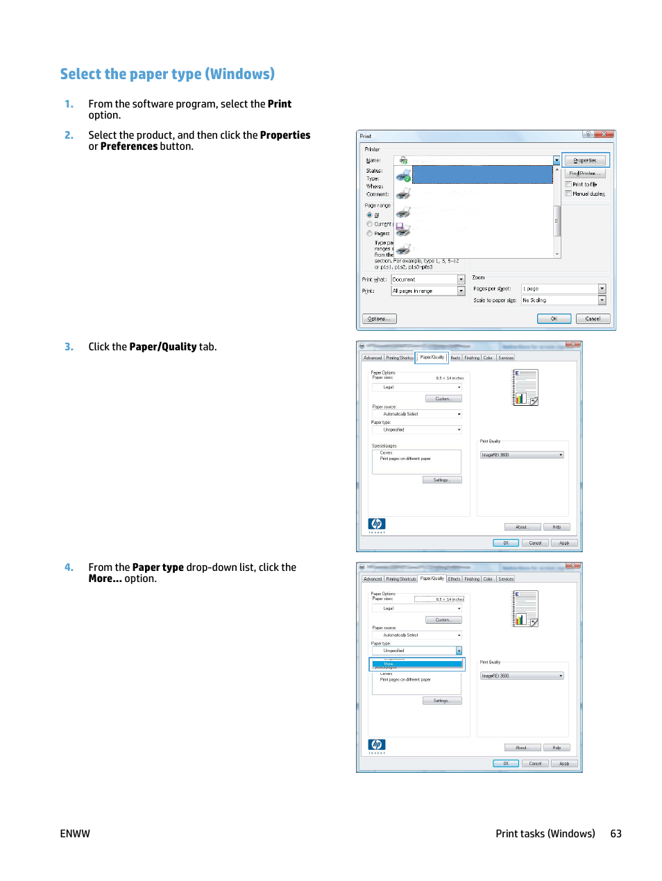 Select the paper type (windows) | HP LaserJet Pro 500 Color MFP M570 User Manual | Page 77 / 252