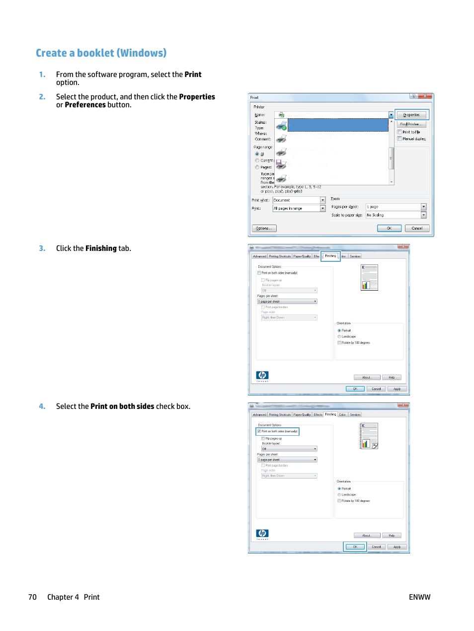 Create a booklet (windows) | HP LaserJet Pro 500 Color MFP M570 User Manual | Page 84 / 252