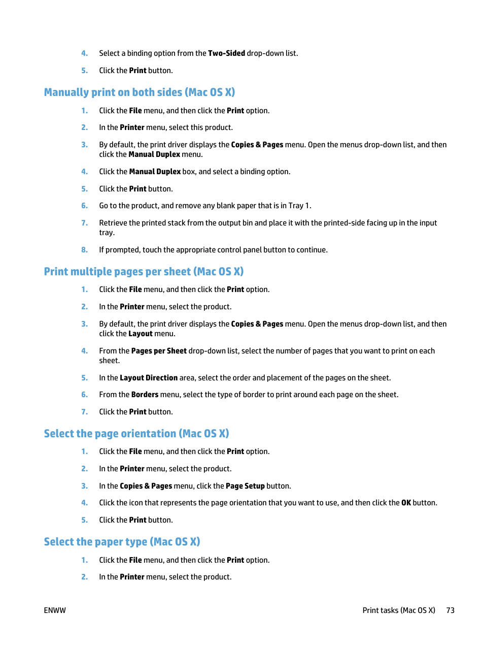 Manually print on both sides (mac os x), Select the paper type (mac os x), Print multiple pages per sheet (mac os x) | Select the page orientation (mac os x) | HP LaserJet Pro 500 Color MFP M570 User Manual | Page 87 / 252