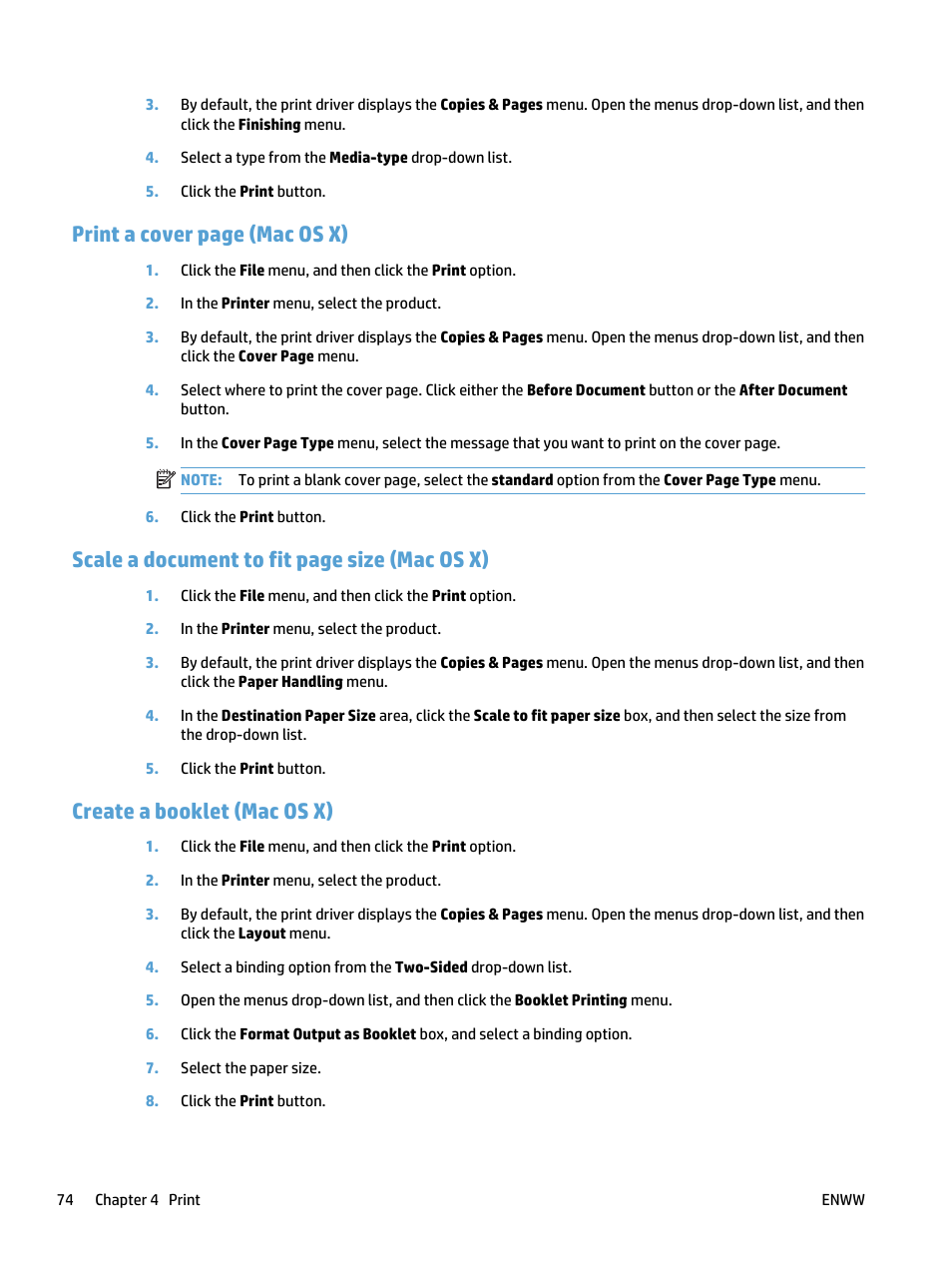 Create a booklet (mac os x), Print a cover page (mac os x), Scale a document to fit page size (mac os x) | HP LaserJet Pro 500 Color MFP M570 User Manual | Page 88 / 252