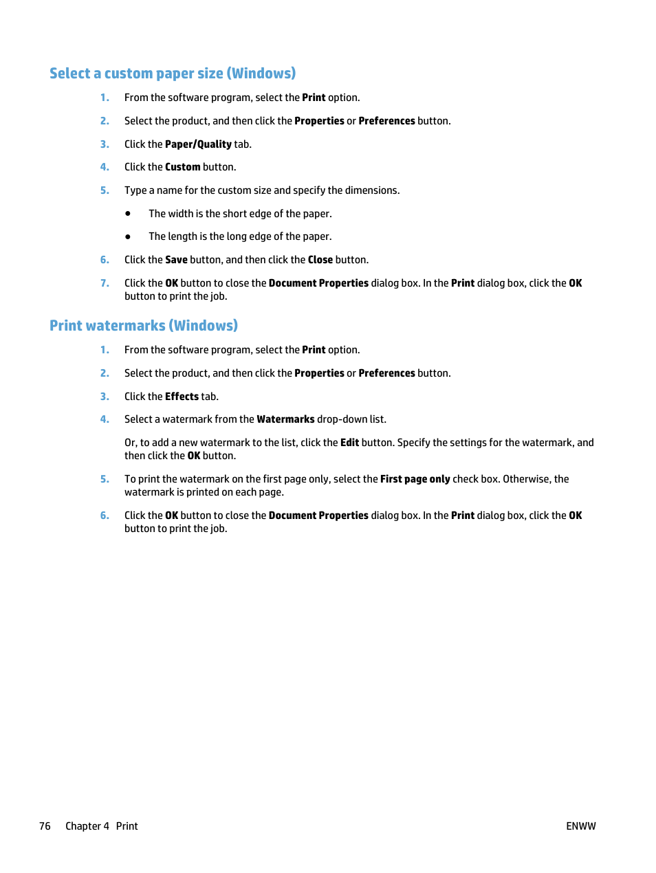 Select a custom paper size (windows), Print watermarks (windows) | HP LaserJet Pro 500 Color MFP M570 User Manual | Page 90 / 252