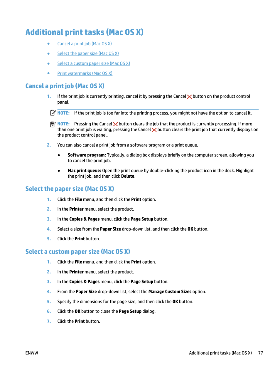 Additional print tasks (mac os x), Cancel a print job (mac os x), Select the paper size (mac os x) | Select a custom paper size (mac os x) | HP LaserJet Pro 500 Color MFP M570 User Manual | Page 91 / 252