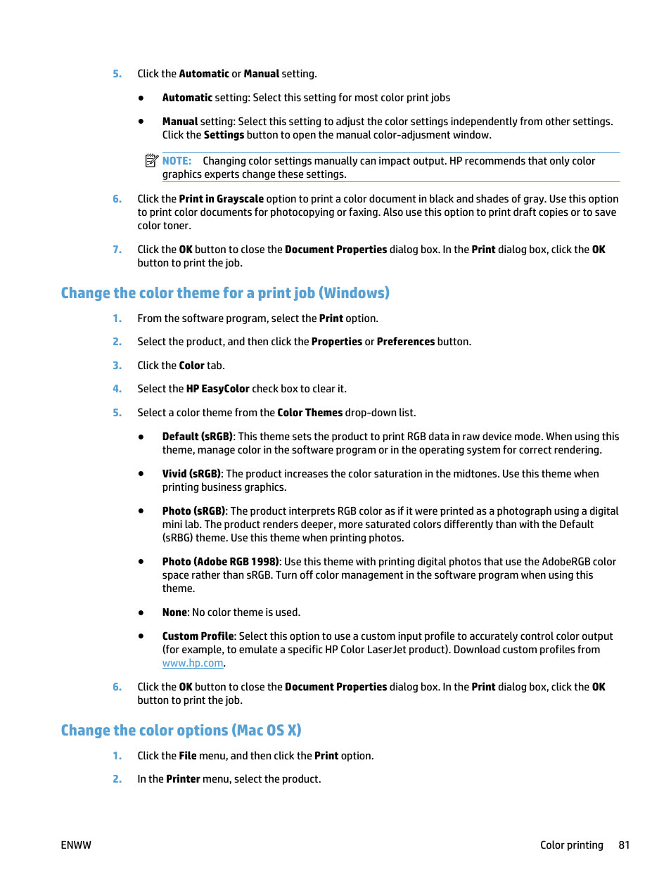 Change the color theme for a print job (windows), Change the color options (mac os x) | HP LaserJet Pro 500 Color MFP M570 User Manual | Page 95 / 252