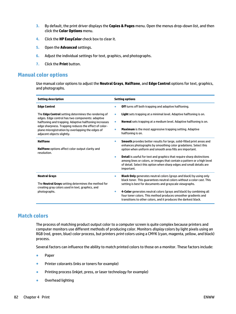 Manual color options, Match colors, Manual color options match colors | HP LaserJet Pro 500 Color MFP M570 User Manual | Page 96 / 252