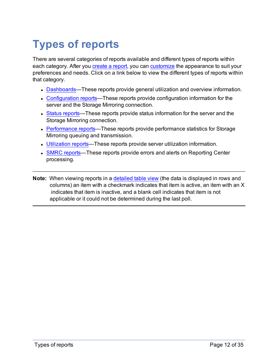 Types of reports | HP Storage Mirroring Software User Manual | Page 13 / 36