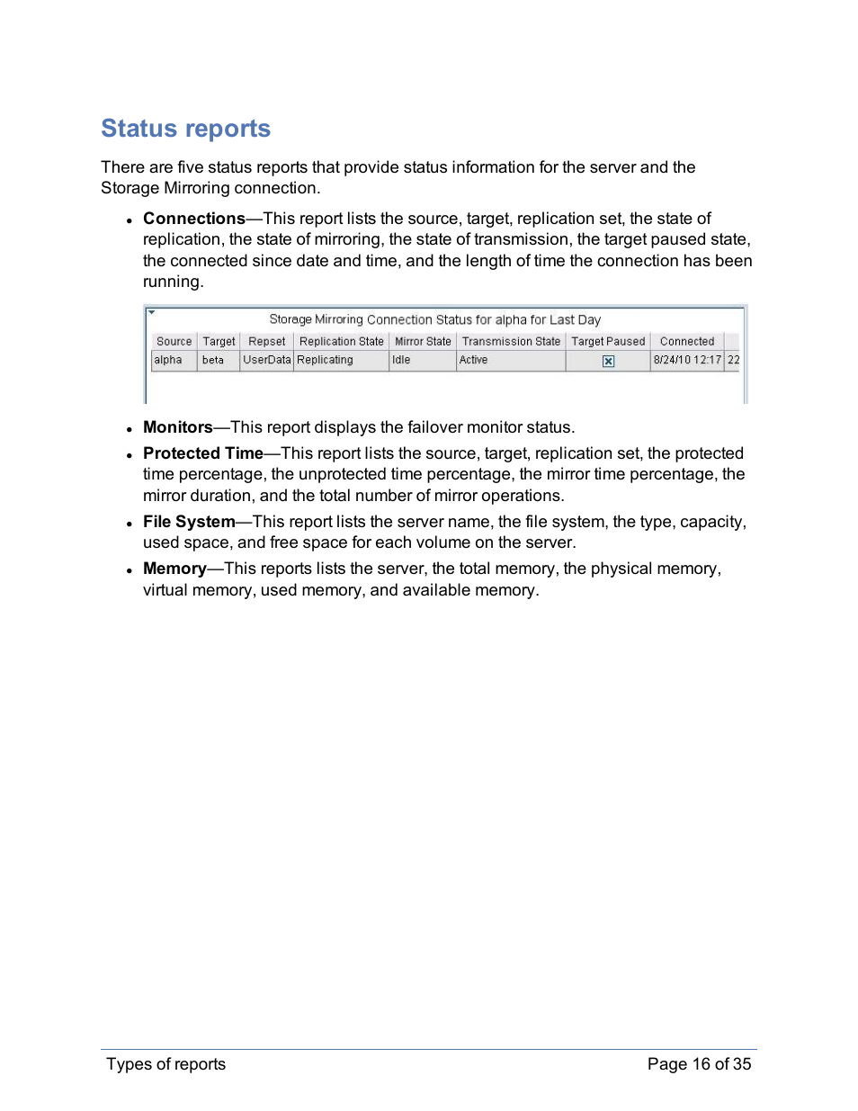 Status reports | HP Storage Mirroring Software User Manual | Page 17 / 36