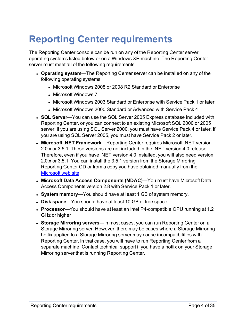 Reporting center requirements | HP Storage Mirroring Software User Manual | Page 5 / 36