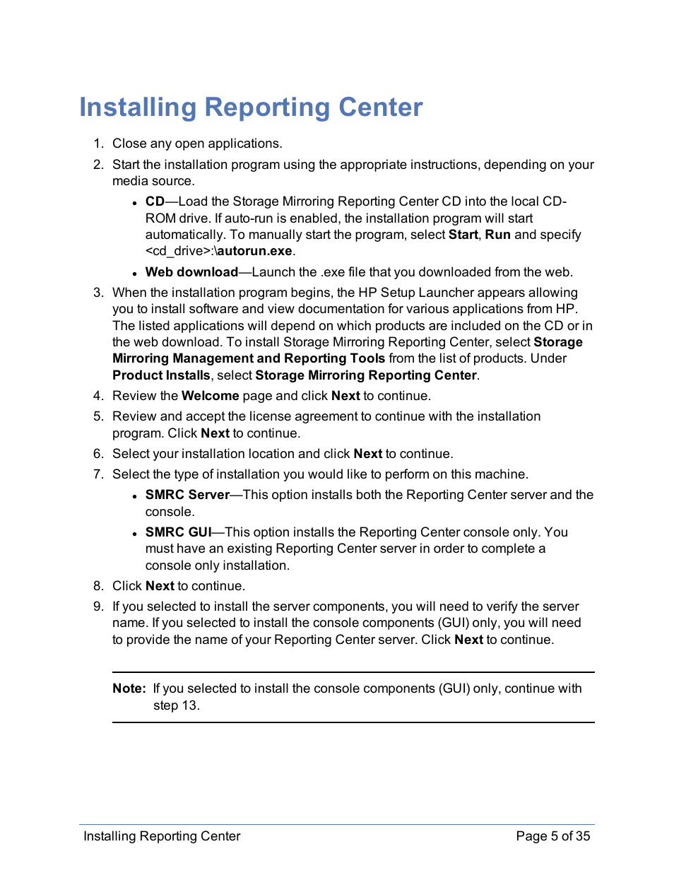 Installing reporting center | HP Storage Mirroring Software User Manual | Page 6 / 36