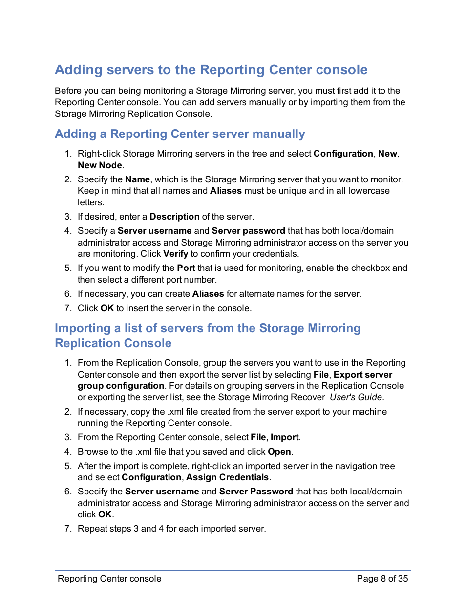Adding servers to the reporting center console, Adding a reporting center server manually | HP Storage Mirroring Software User Manual | Page 9 / 36