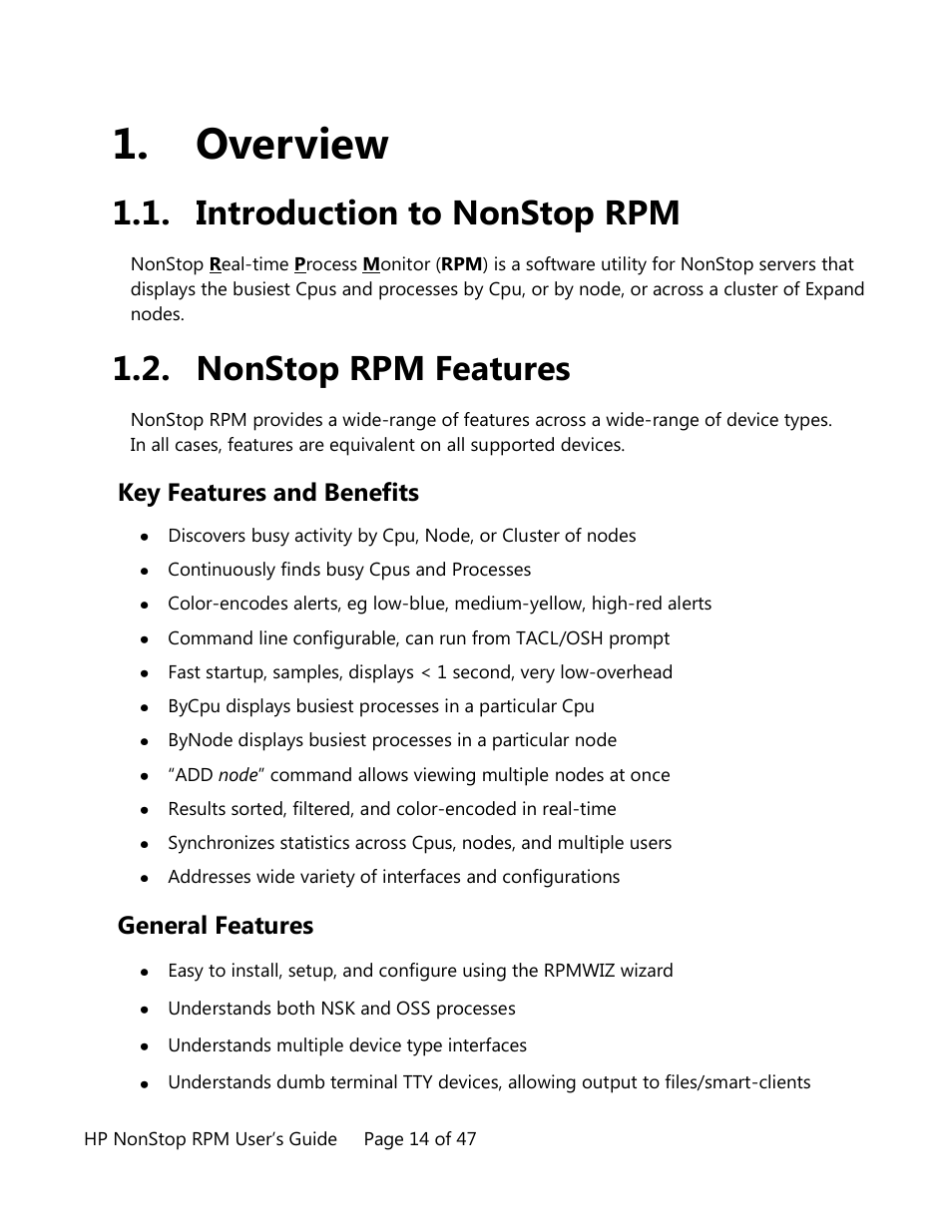Overview, Key features and benefits general features, Introduction to nonstop rpm | Nonstop rpm features, Key features and benefits, General features | HP Integrity NonStop H-Series User Manual | Page 14 / 47