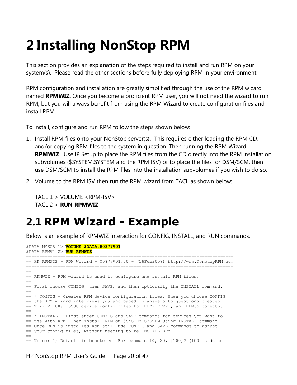 2 installing nonstop rpm, Rpm wizard - example, Installing nonstop rpm | 1 rpm wizard - example | HP Integrity NonStop H-Series User Manual | Page 20 / 47