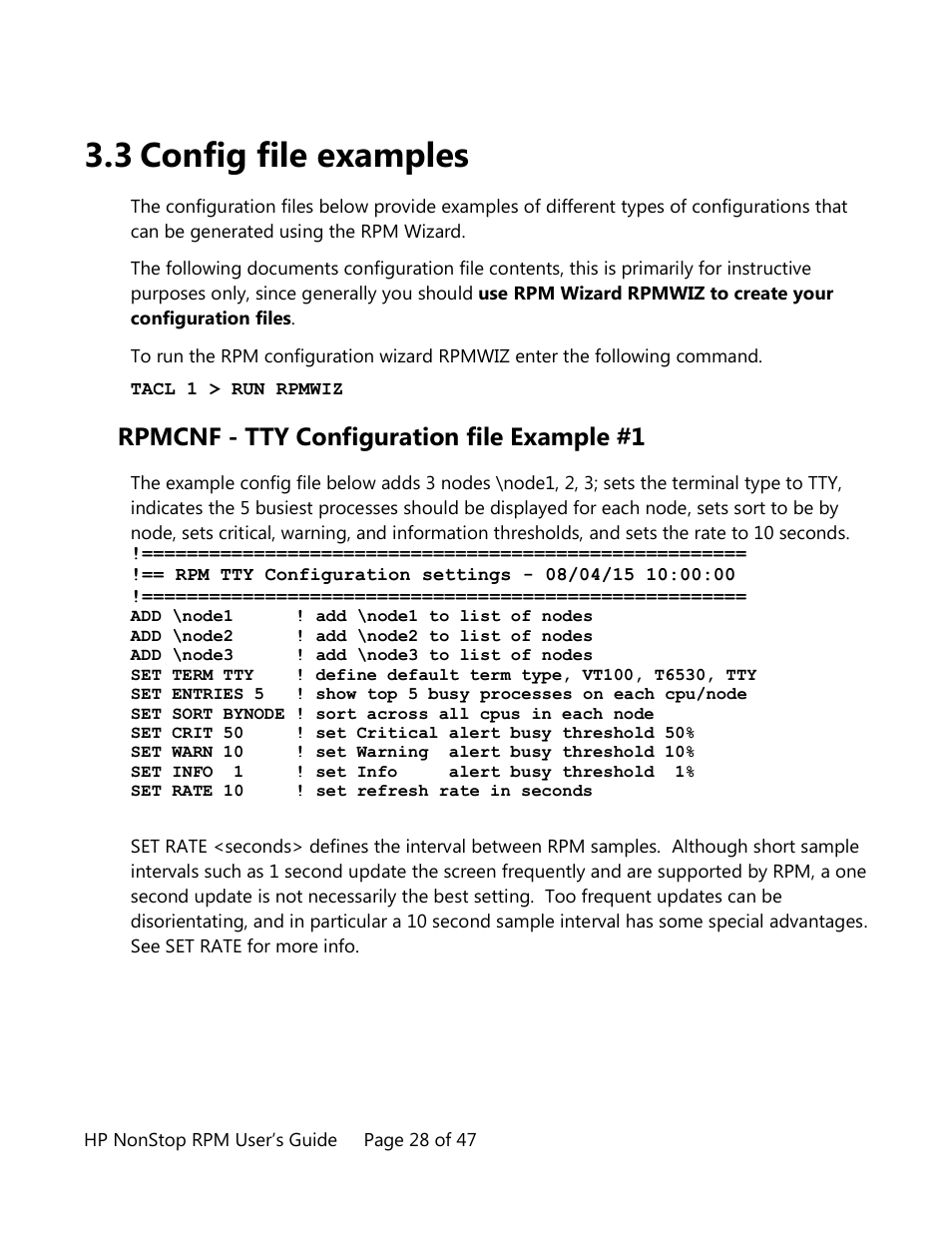 Config file examples, Rpmcnf - tty configuration file example #1, 3 config file examples | HP Integrity NonStop H-Series User Manual | Page 28 / 47