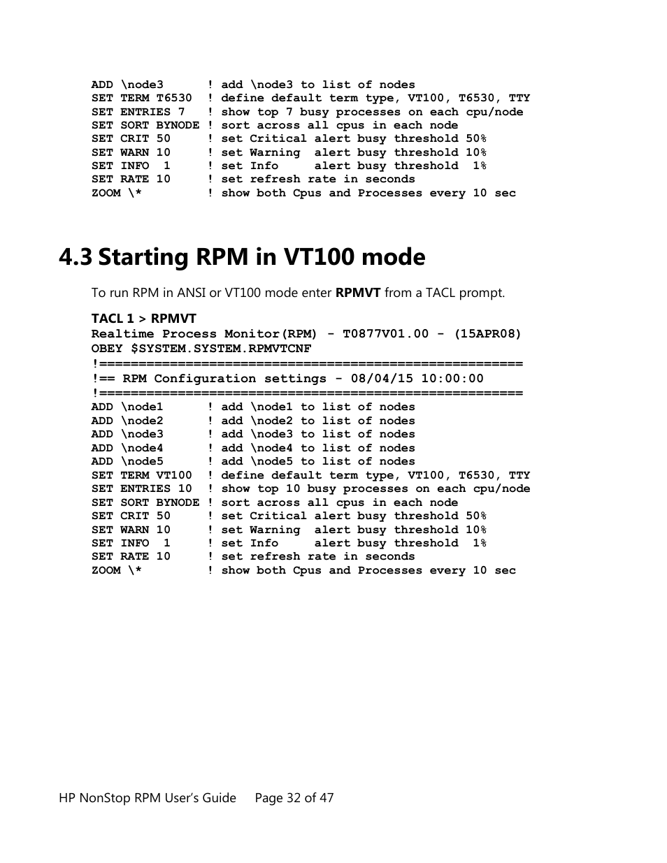 Starting rpm in vt100 mode, 3 starting rpm in vt100 mode | HP Integrity NonStop H-Series User Manual | Page 32 / 47