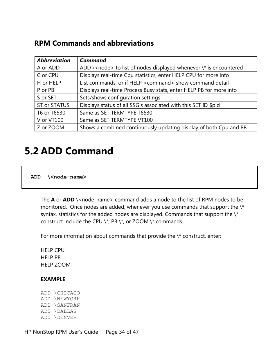 Rpm commands and abbreviations, Add command, 2 add command | HP Integrity NonStop H-Series User Manual | Page 34 / 47