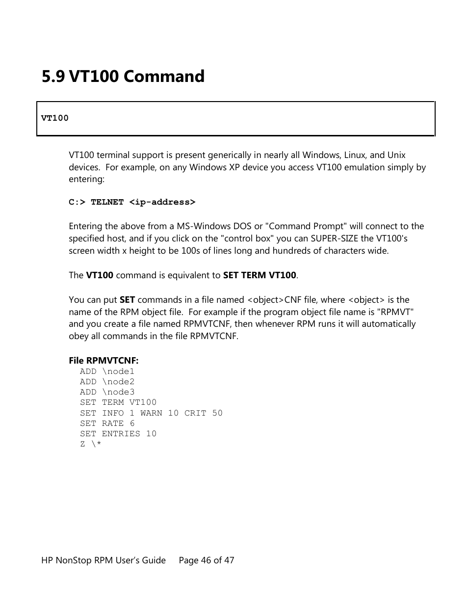Vt100 command, 9 vt100 command | HP Integrity NonStop H-Series User Manual | Page 46 / 47