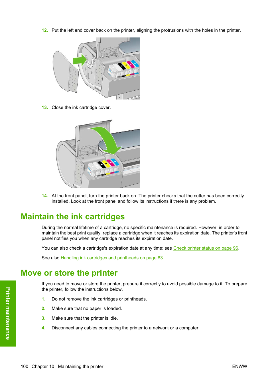 Maintain the ink cartridges, Move or store the printer | HP Designjet T620 Printer series User Manual | Page 103 / 169