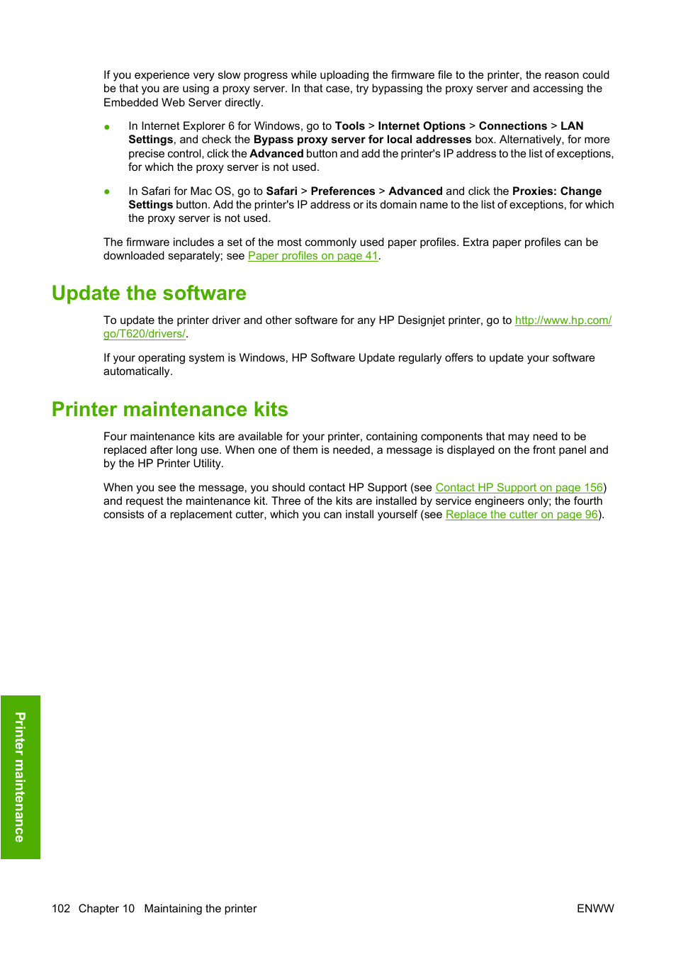 Update the software, Printer maintenance kits, Secure disk erase | Update the software printer maintenance kits | HP Designjet T620 Printer series User Manual | Page 105 / 169