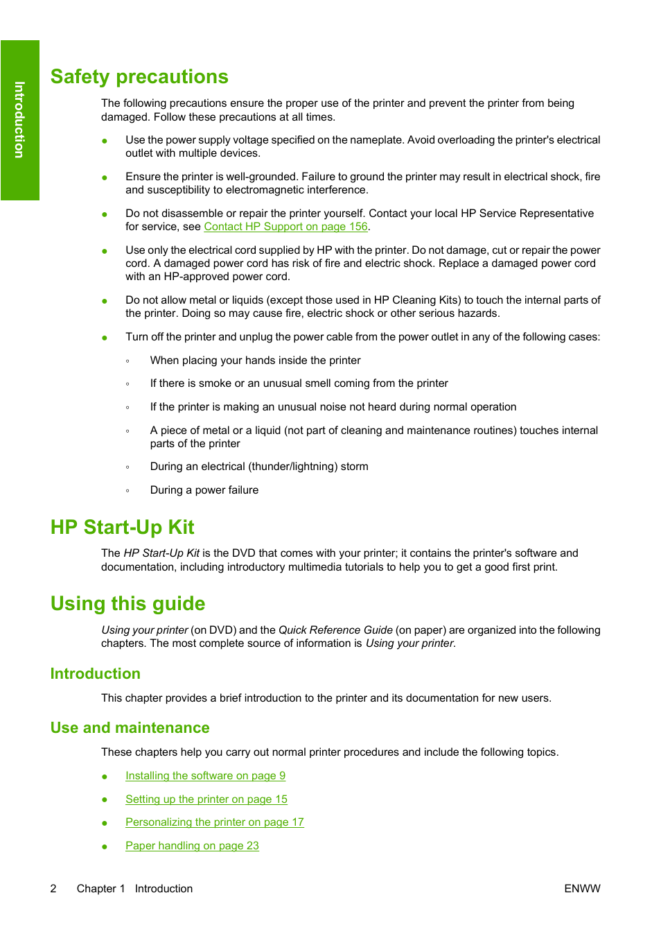 Safety precautions, Hp start-up kit, Using this guide | Introduction, Use and maintenance | HP Designjet T620 Printer series User Manual | Page 11 / 169