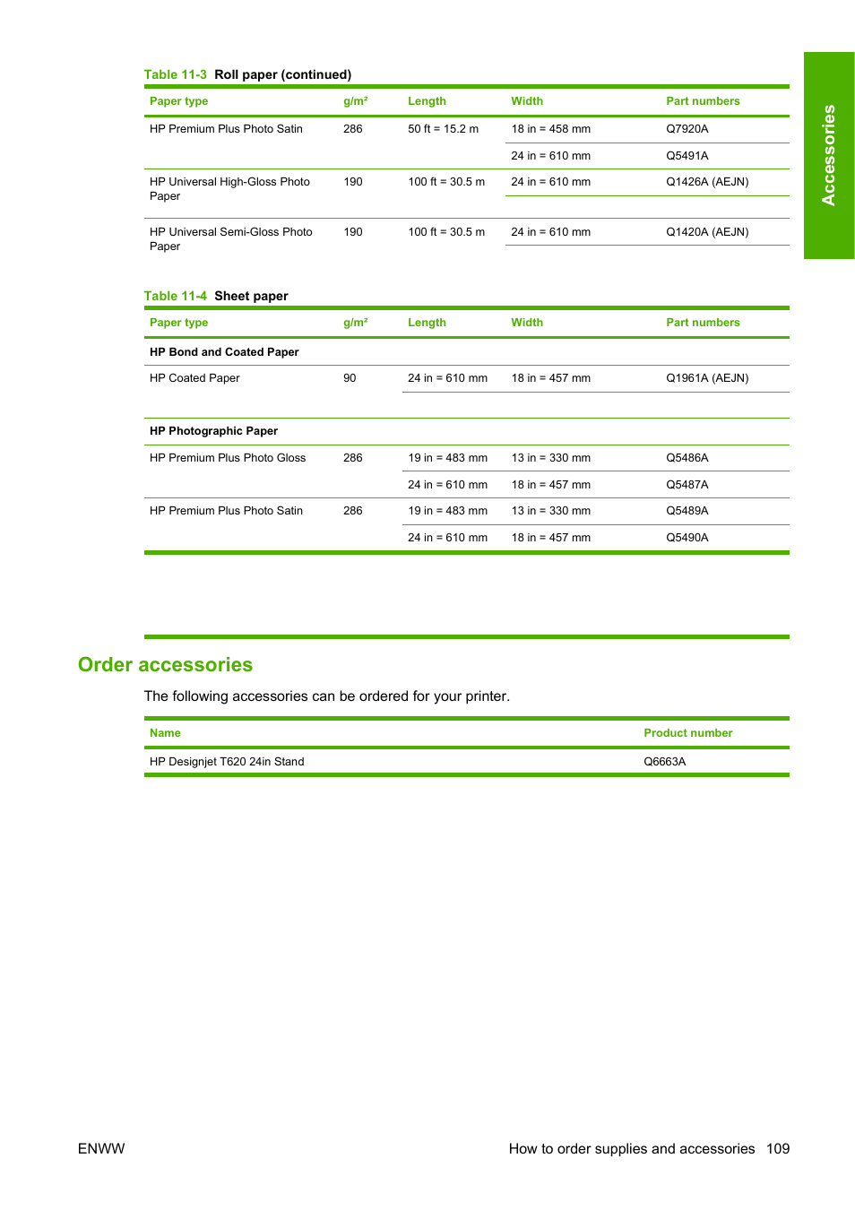 Order accessories, Ac ce ss o ri e s | HP Designjet T620 Printer series User Manual | Page 112 / 169