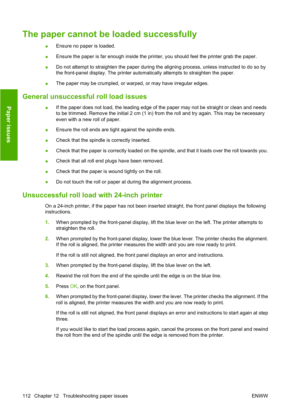 The paper cannot be loaded successfully, General unsuccessful roll load issues, Unsuccessful roll load with 24-inch printer | The paper | HP Designjet T620 Printer series User Manual | Page 115 / 169