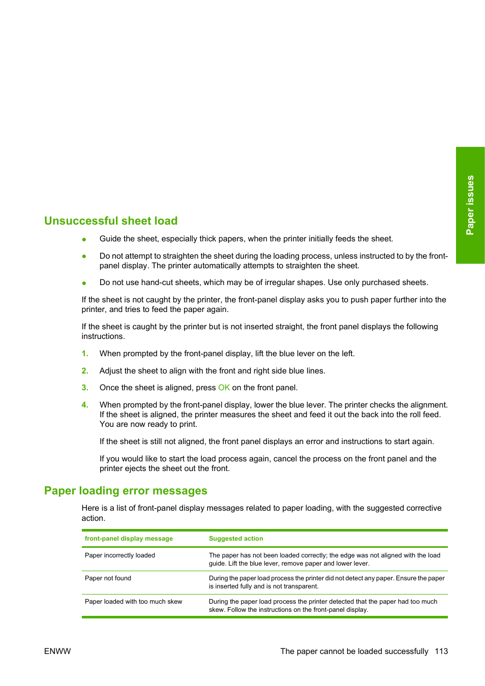 Unsuccessful roll load with 44-inch printer, Unsuccessful sheet load, Paper loading error messages | HP Designjet T620 Printer series User Manual | Page 116 / 169
