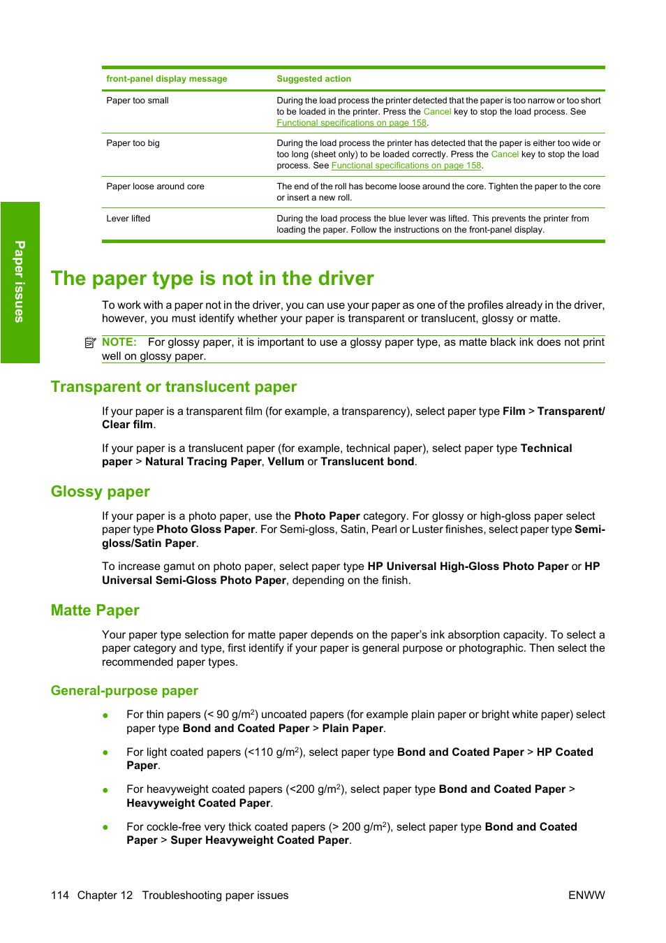 The paper type is not in the driver, Transparent or translucent paper, Glossy paper | Matte paper, General-purpose paper, Pa per is sue s | HP Designjet T620 Printer series User Manual | Page 117 / 169