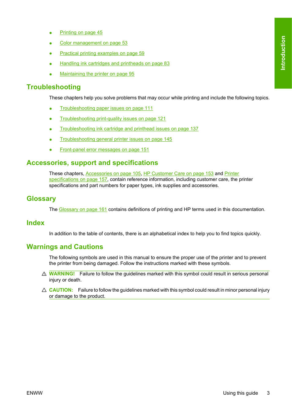 Troubleshooting, Accessories, support and specifications, Glossary | Index, Warnings and cautions | HP Designjet T620 Printer series User Manual | Page 12 / 169