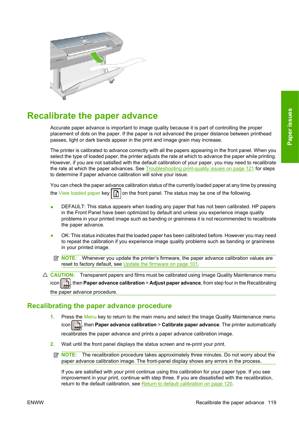 Recalibrate the paper advance, Recalibrating the paper advance procedure | HP Designjet T620 Printer series User Manual | Page 122 / 169