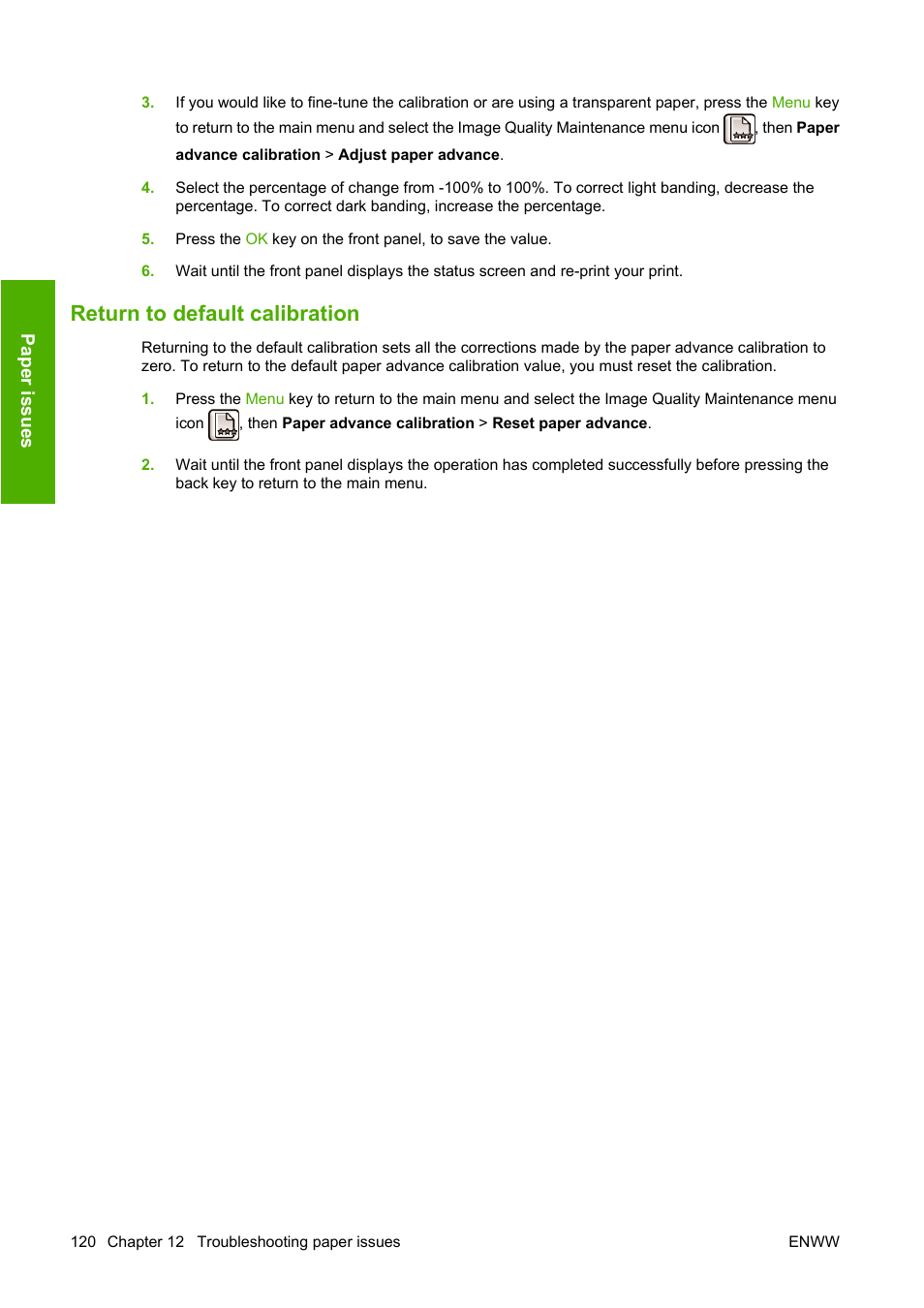 Return to default calibration | HP Designjet T620 Printer series User Manual | Page 123 / 169