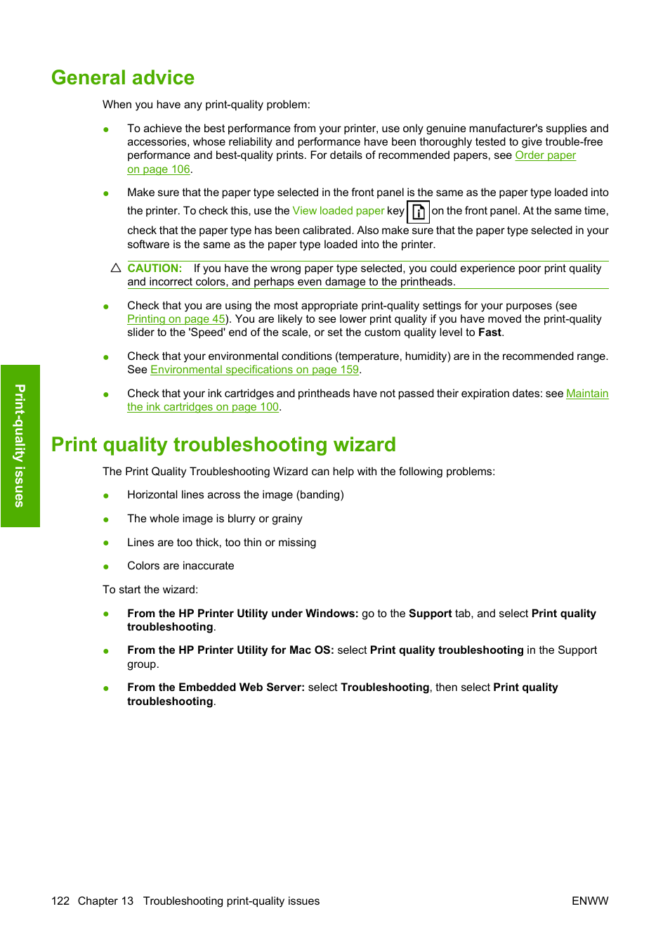 General advice, Print quality troubleshooting wizard | HP Designjet T620 Printer series User Manual | Page 125 / 169