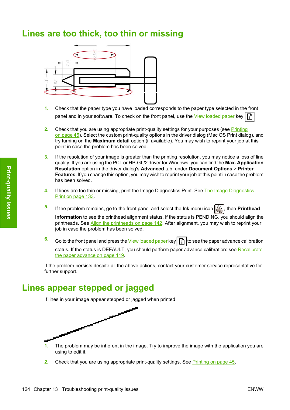 Lines are too thick, too thin or missing, Lines appear stepped or jagged | HP Designjet T620 Printer series User Manual | Page 127 / 169