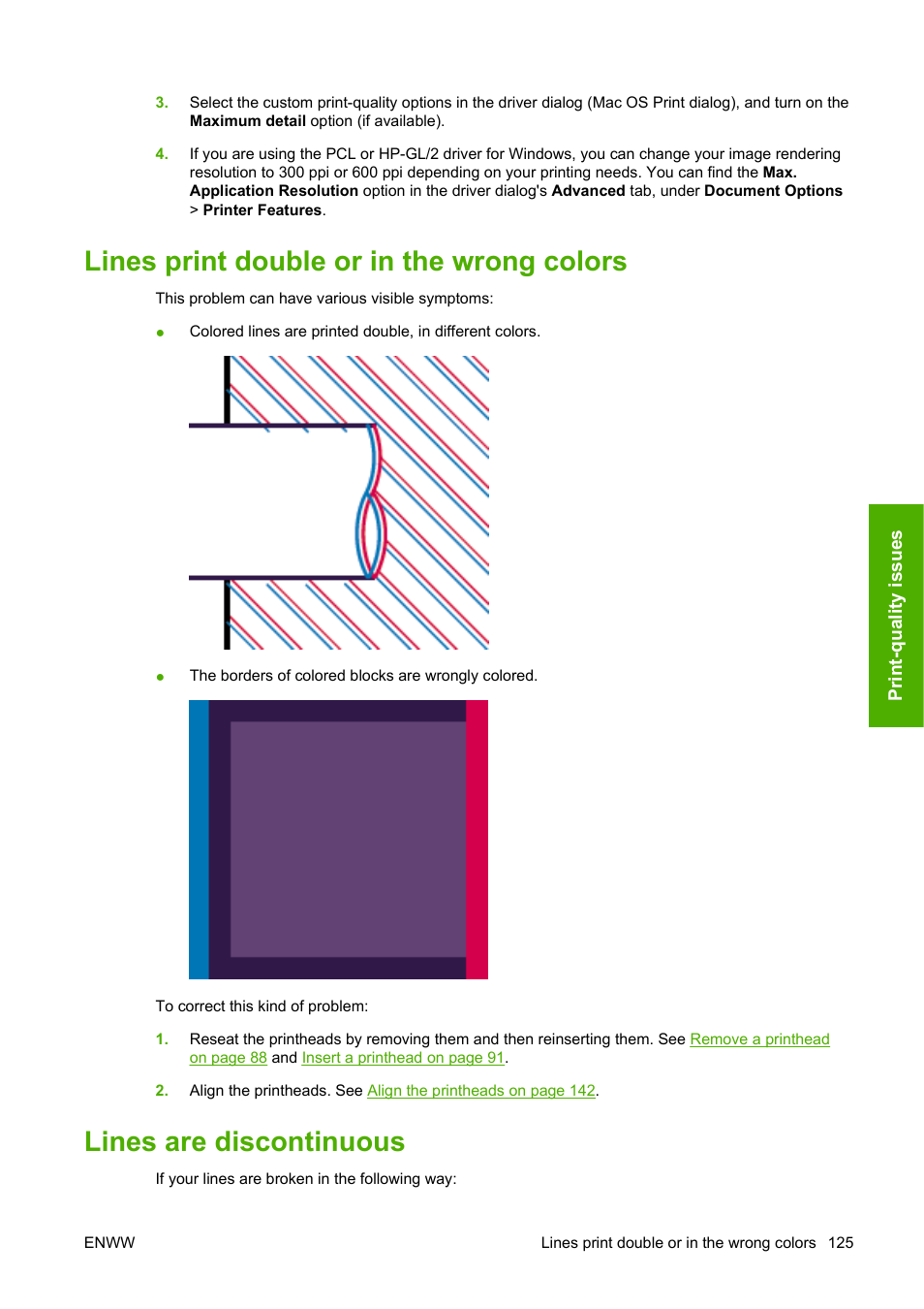 Lines print double or in the wrong colors, Lines are discontinuous | HP Designjet T620 Printer series User Manual | Page 128 / 169