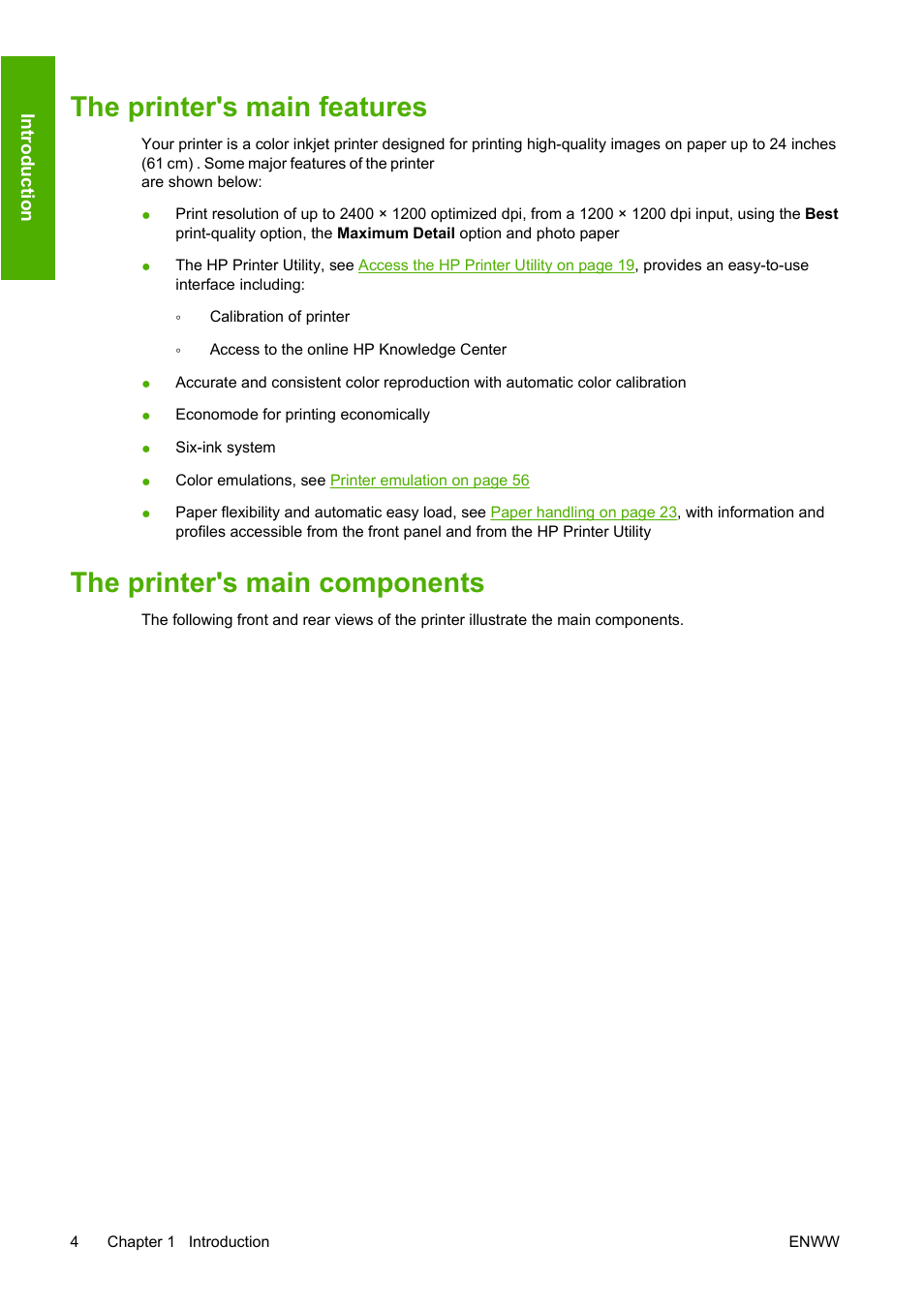 The printer's main features, The printer's main components | HP Designjet T620 Printer series User Manual | Page 13 / 169