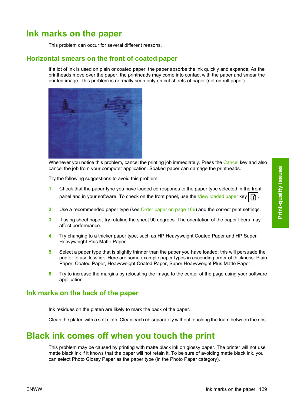 Ink marks on the paper, Horizontal smears on the front of coated paper, Ink marks on the back of the paper | Black ink comes off when you touch the print | HP Designjet T620 Printer series User Manual | Page 132 / 169