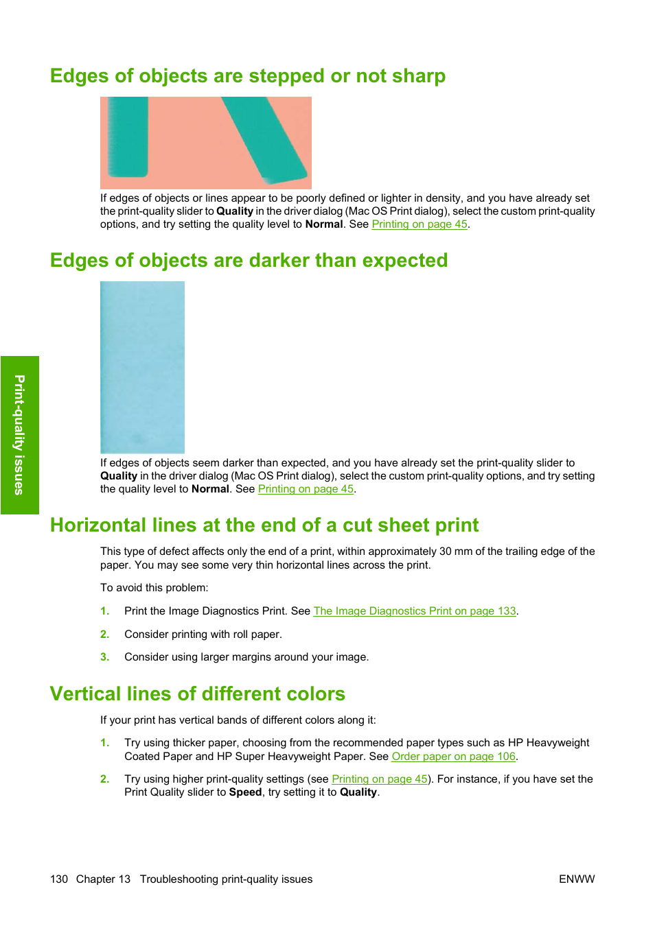 Edges of objects are stepped or not sharp, Edges of objects are darker than expected, Horizontal lines at the end of a cut sheet print | Vertical lines of different colors | HP Designjet T620 Printer series User Manual | Page 133 / 169