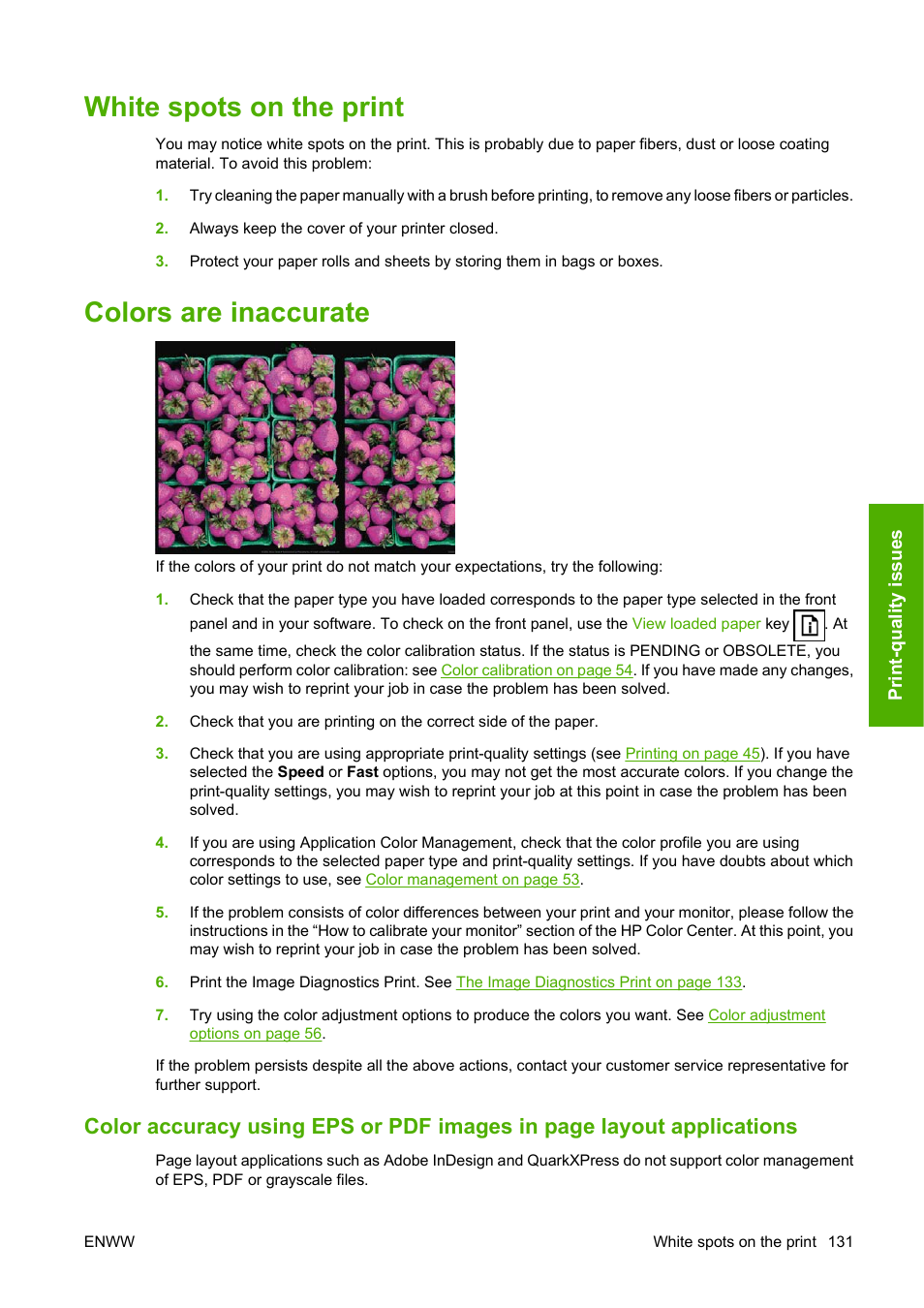White spots on the print, Colors are inaccurate, White spots on the print colors are inaccurate | HP Designjet T620 Printer series User Manual | Page 134 / 169