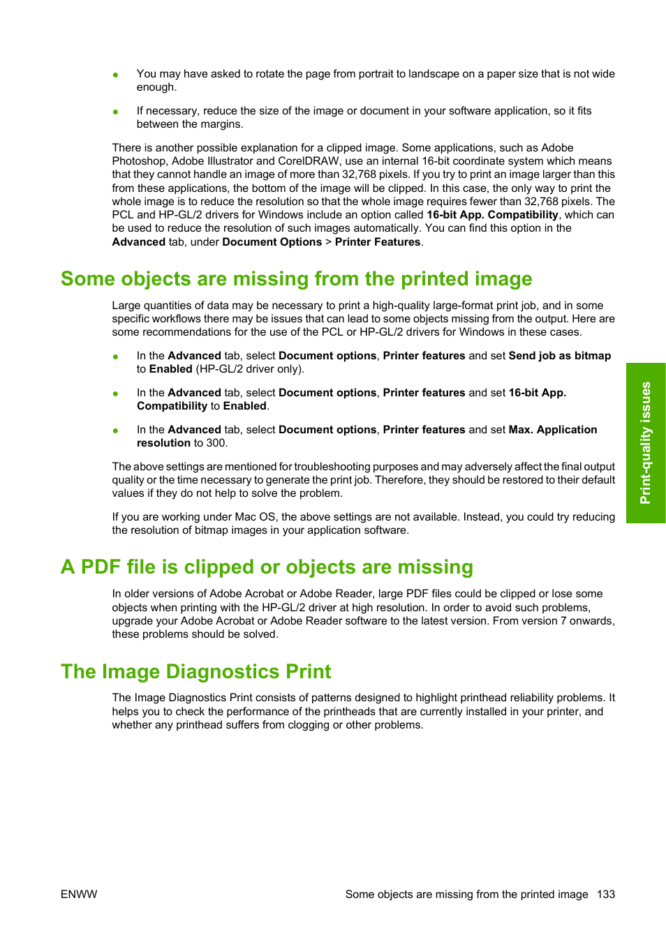 Some objects are missing from the printed image, A pdf file is clipped or objects are missing, The image diagnostics print | The image diagnostics | HP Designjet T620 Printer series User Manual | Page 136 / 169