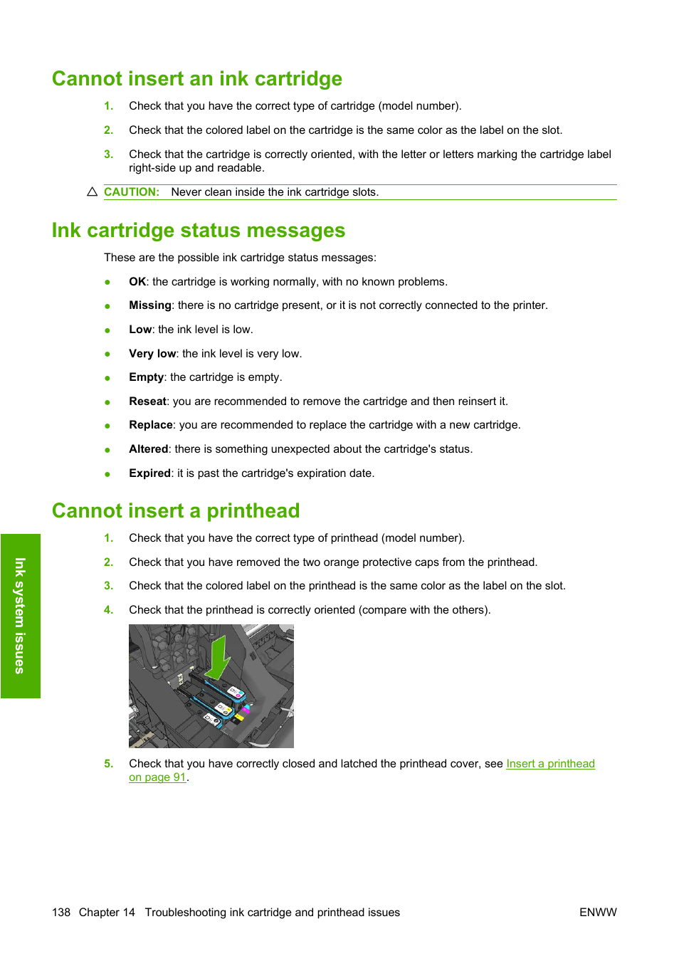 Cannot insert an ink cartridge, Ink cartridge status messages, Cannot insert a printhead | HP Designjet T620 Printer series User Manual | Page 141 / 169
