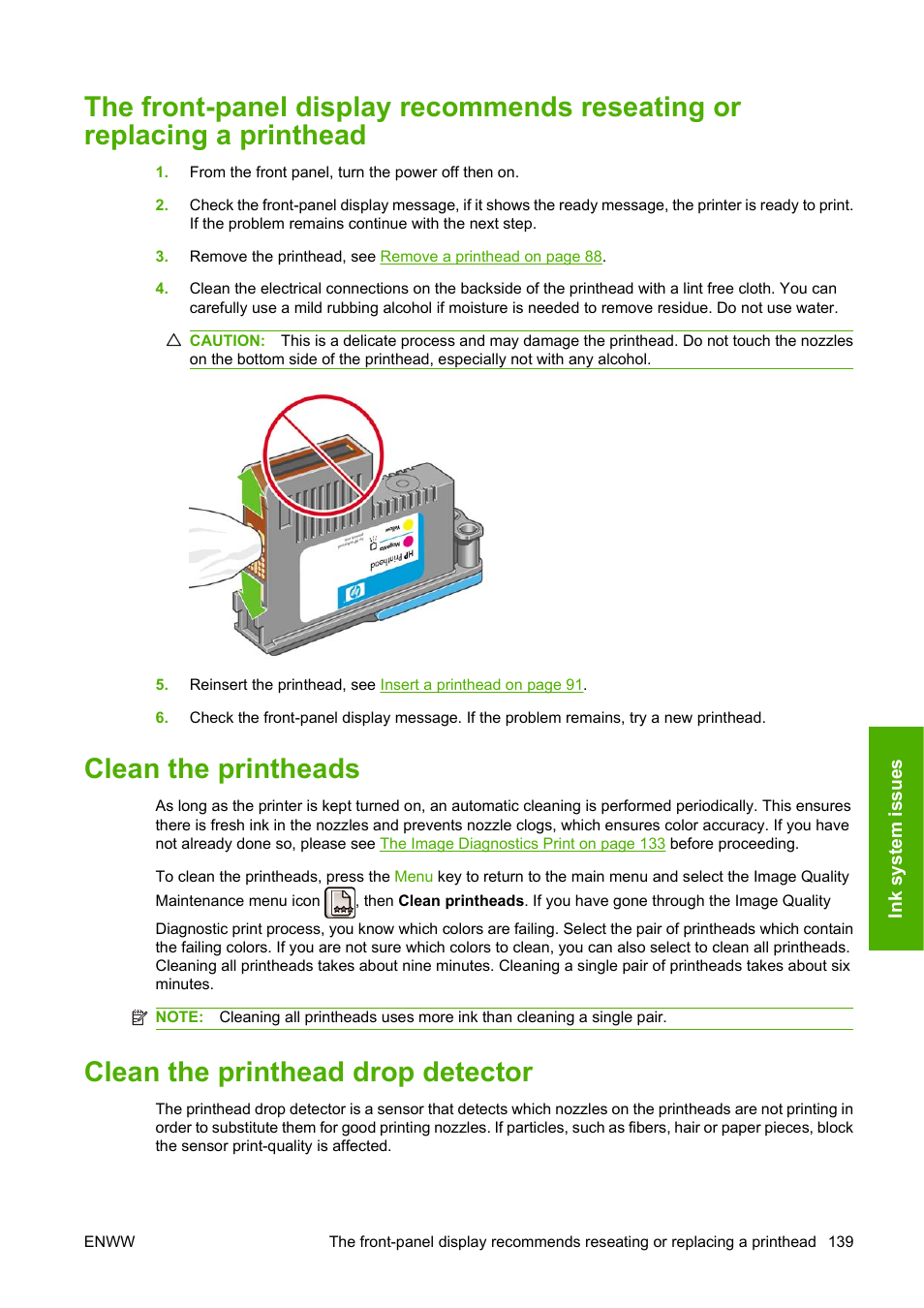 Clean the printheads, Clean the printhead drop detector | HP Designjet T620 Printer series User Manual | Page 142 / 169